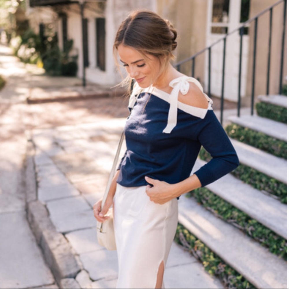 J Crew- Merino Wool Cold-Shoulder Sweater Navy